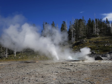 Old Faithful Basin, two of three geysers were spouting